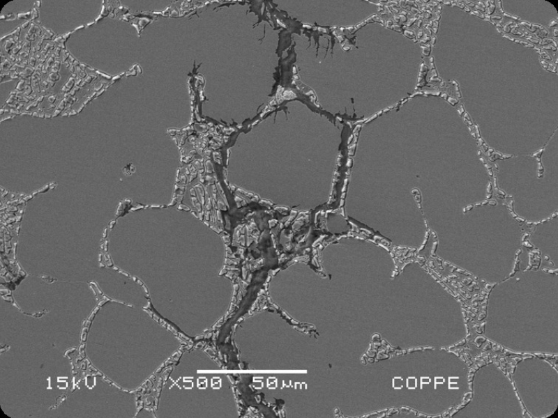 Micrographic detail of the through wall cracking in the middle of the thickness, showing that the cracking is associated to ferrite network in the (super)duplex microstructure.