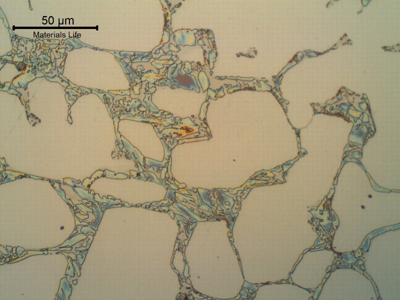 Micrographic detail of the flange microstructure in the longitudinal section. The flange is ferritic austenitic, presenting 70% of austenite. In the ferrite network there are evidences of precipitation/formation of detrimental phases.