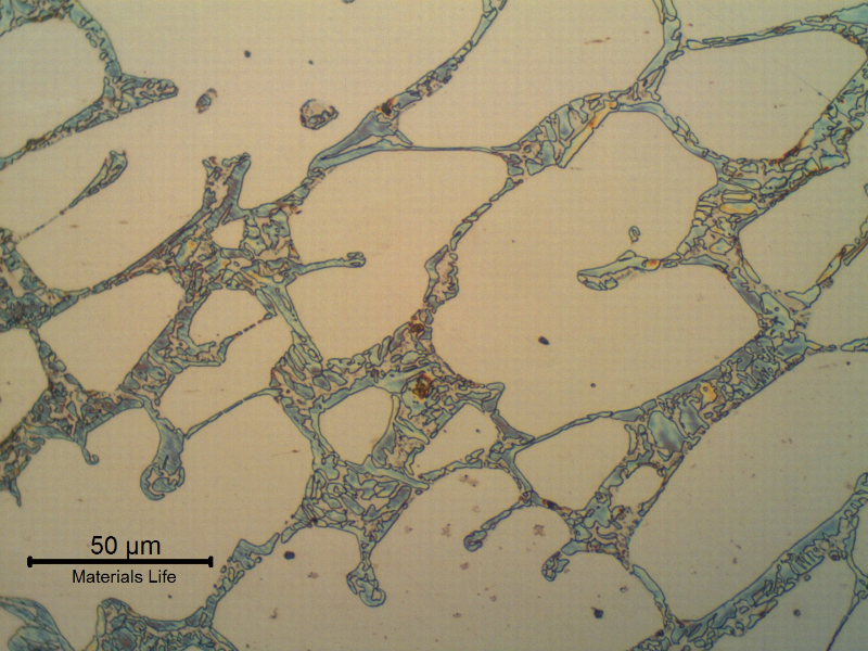 Micrographic detail of the flange microstructure in the longitudinal section. The flange is ferritic austenitic, presenting 70% of austenite. In the ferrite network there are evidences of precipitation/formation of detrimental phases.