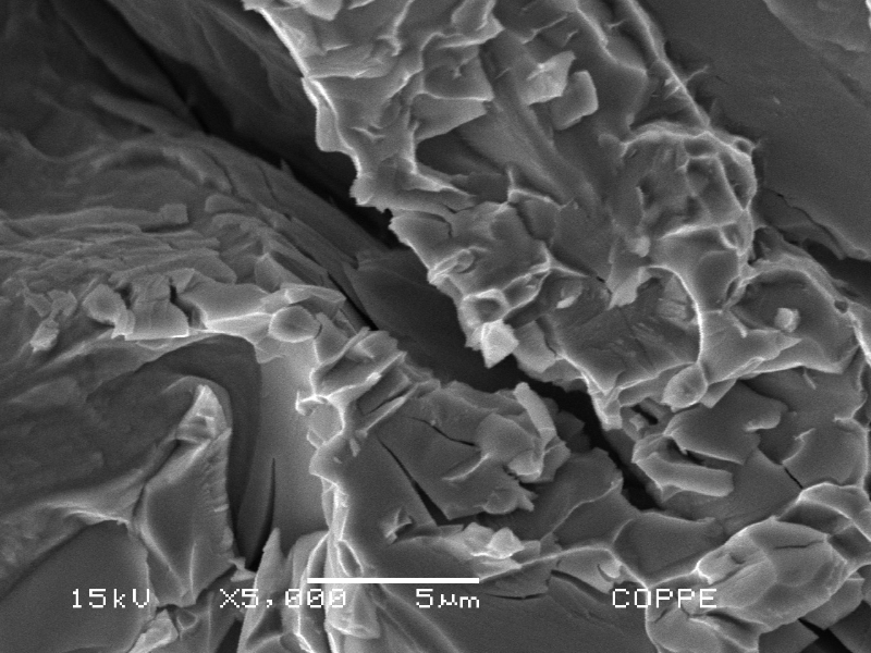 Detail of the fracture surface of the broken Charpy V testpiece, tested at ambient temperature and presenting only 10J average energy.  The brittle fracture presented cleavage facets associated to the  detrimental phases in the ferrite network.