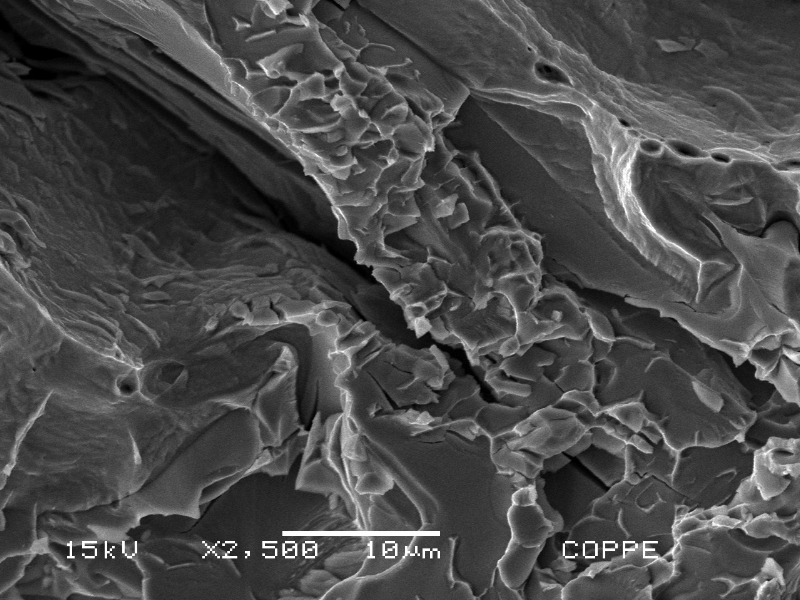 Fracture surface of the broken Charpy V testpiece, tested at ambient temperature and presenting only 10J average energy.  The brittle fracture presented cleavage facets associated to the  detrimental phases in the ferrite network.