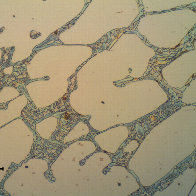 Micrographic detail of the flange microstructure in the longitudinal section. The flange is ferritic austenitic, presenting 70% of austenite. In the ferrite network there are evidences of precipitation/formation of detrimental phases.