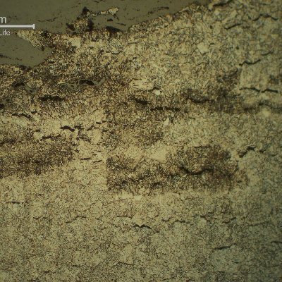Micrography of a longitudinal section of a CrMov steel bolt that broke in service by a creep mechanism in a gas turbine. Tempered structure. Interconnected  cracks paralled to the fracture surface.