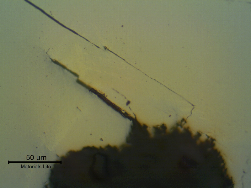 Detail, as polished, of brittle cracks in the weld metal, from the internal side of the pipe.