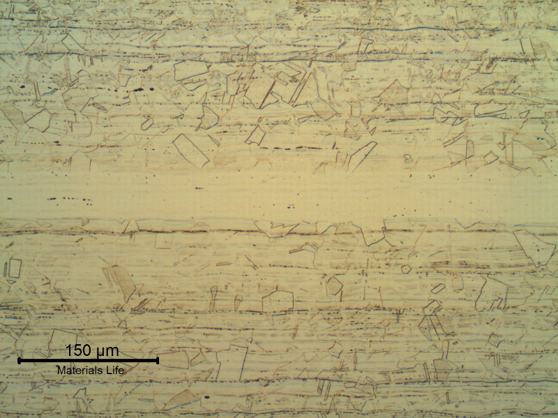 Longitudinal section of the main pipe showing as austenitic structure with small amount of delta ferrite, aligned. The white band in the center of the figure is a segregation band that was not fully etched.