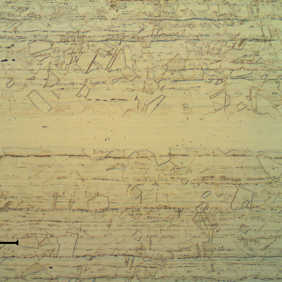Longitudinal section of the main pipe showing as austenitic structure with small amount of delta ferrite, aligned. The white band in the center of the figure is a segregation band that was not fully etched.