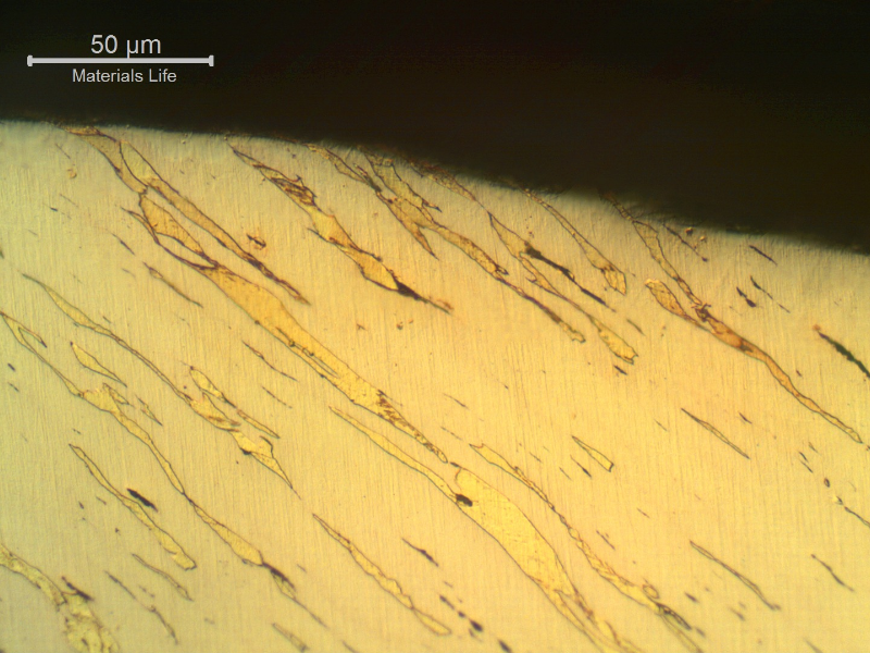 The micrography of the pin at the fracture surface shows a strong plastic deformation as expected during shearing.