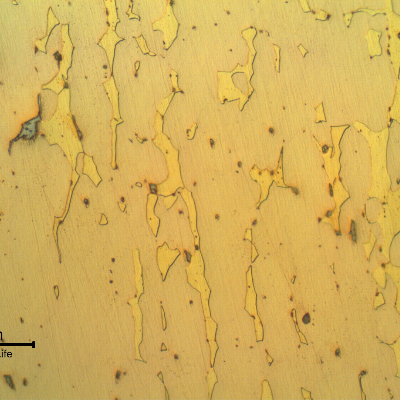 The micrography of the pin far from the fracture surface shows a biphasic brass, and Pb inclusions that are intentional to give a free machining condition for the alloy.