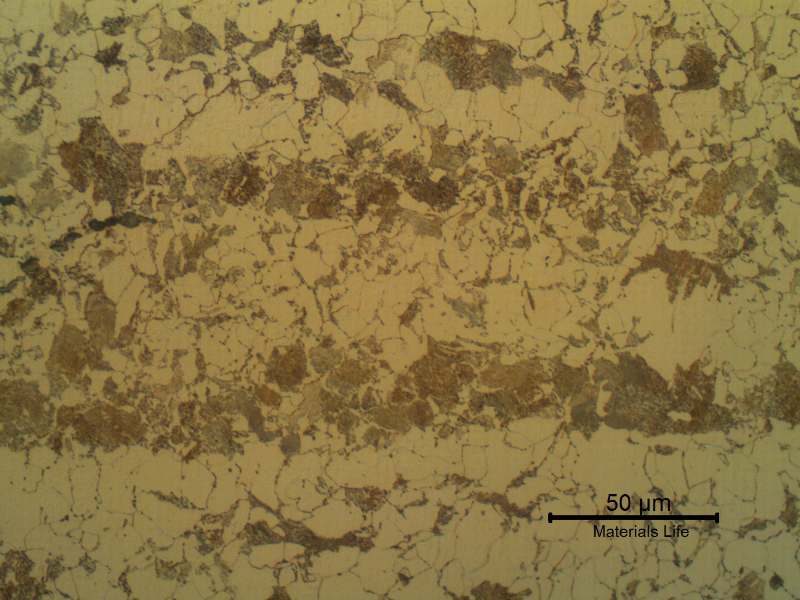 Higher magnification of the ferritic-perlitic microstructure of the shell plate in the longitudinal section.