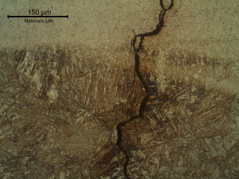 Cold cracking of the fillet weld adopted to attach a flat support into a vessel shell in the internal side, using an unsuitable welding procedure that created a too high hardness HAZ. The cracks are mainly located at the fusion line.