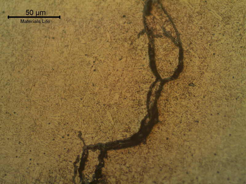 Cold cracking of the fillet weld adopted to attach a flat support into a vessel shell using an unsuitable welding procedure, with a low preheating and no PWHT. Cracks propagated in the weld metal.