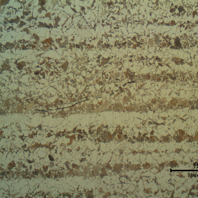 Micrography of a longitudinal section of the shell plate base metal, presenting a typical ferritic-perlitic microstructure.