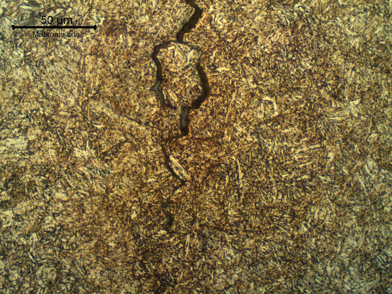 Micrographic detail of a longitudinal section of the pin, at the fracture position, showing secondary cracks with intergranular morphology.
