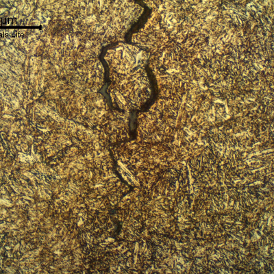 Micrographic detail of a longitudinal section of the pin, at the fracture position, showing secondary cracks with intergranular morphology.