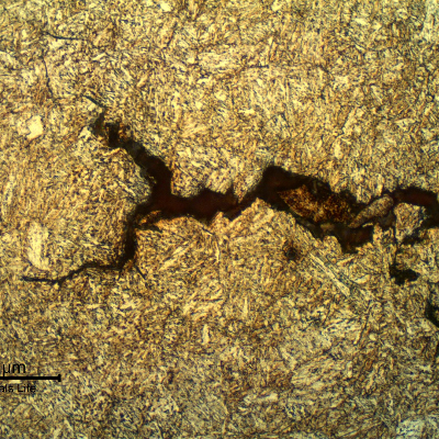 Micrographic detail of a longitudinal section of the pin, at the fracture position, showing secondary cracks with intergranular and transgranular morphology.