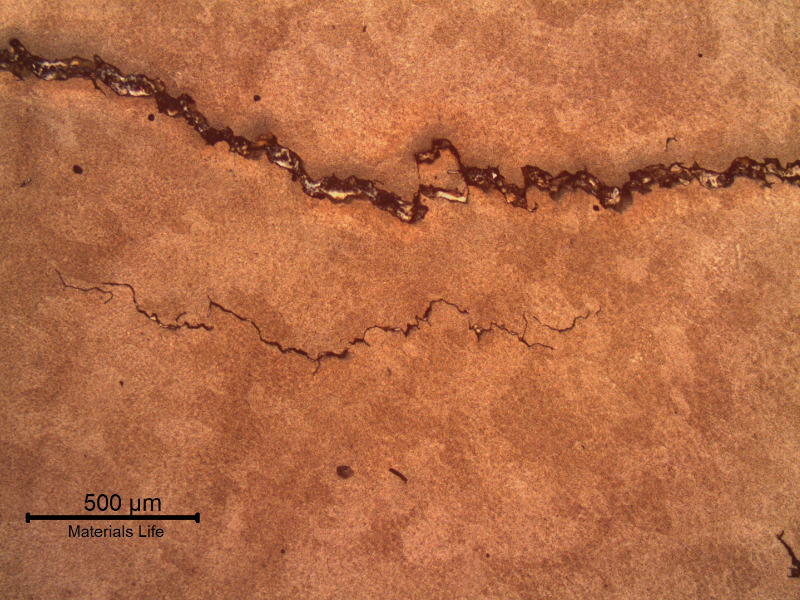 Acetate metallographic replica from the surface, before cracking removal, showing the intergranular morphology of the cracks in a very refined weld metal structure.