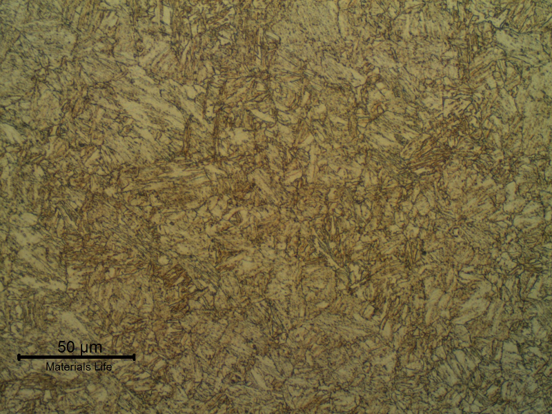 Detail of the tempered martensitic structure of the plate base metal.  Hardness level of  27 HRc.