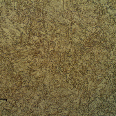 Detail of the tempered martensitic structure of the plate base metal.  Hardness level of  27 HRc.