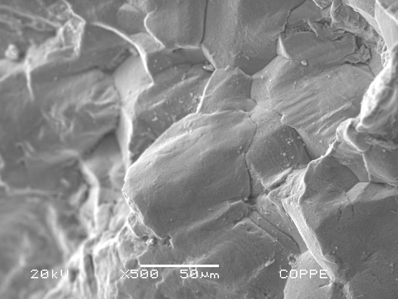 After opening the crack the fracture surface presented different aspects close to the surface, initiation mechanism, and through the wall propagation.  Detail of the intergranular cracking mechanism close to the internal surface.