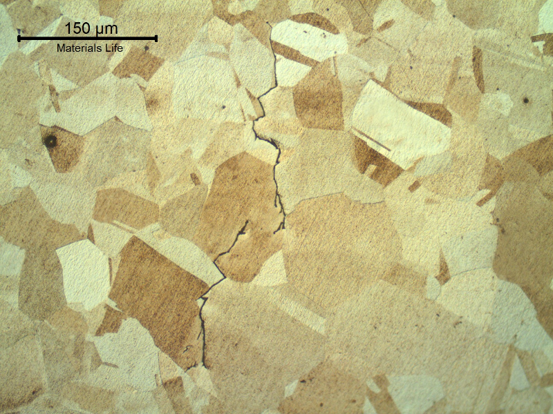 Crack propagation with intergranular and transgranular aspects.