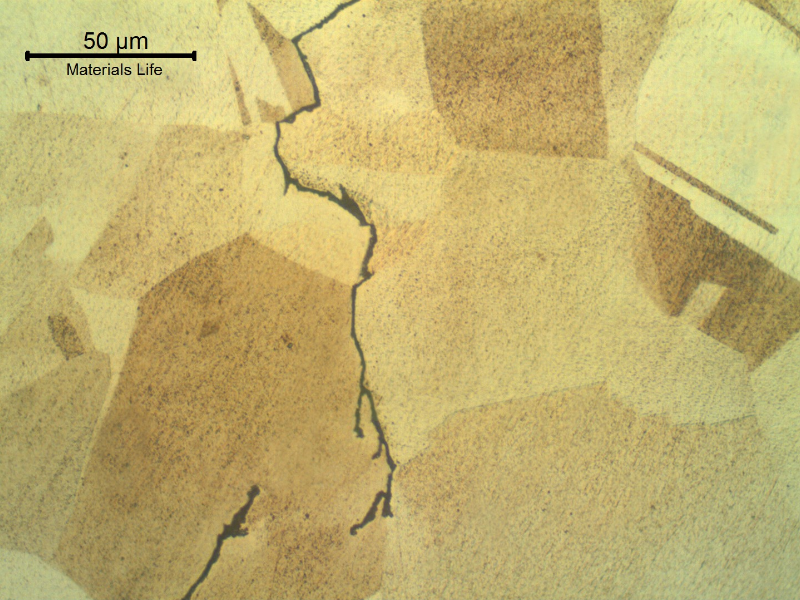 Crack propagation with intergranular and transgranular aspects.