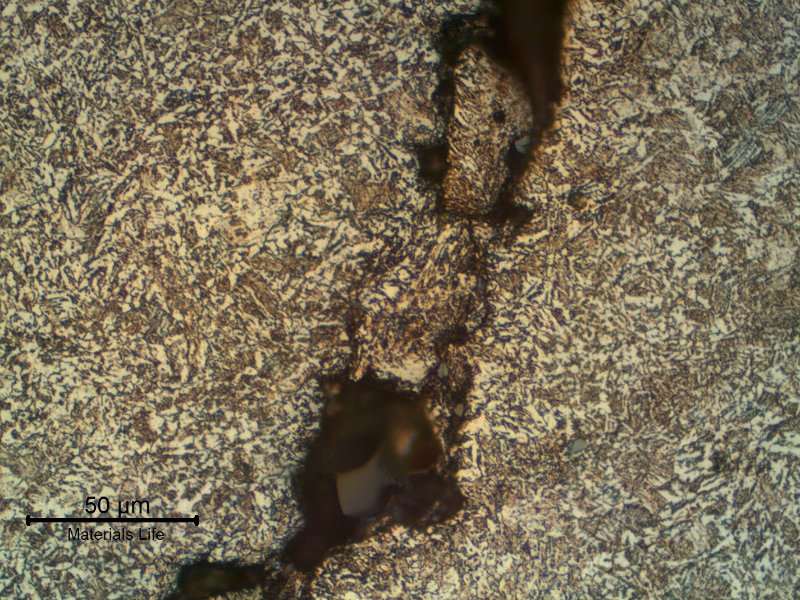 Micrography of a longitudinal section of the mooring chain, at the main crack position. The crack follows a network of segregations.