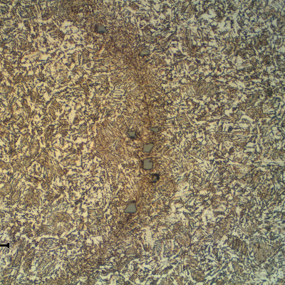 Micrographic detail of the microcracks associated to segregated regions in a network morphology, probably due to the flash welding temperature and upset.