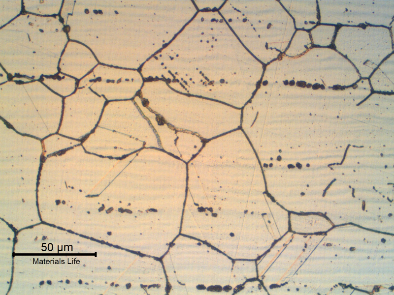 Microstructure of the plate in the center of the ¼” thickness.  Equiaxed austenitic grains with delta ferrite stringers and grain boundary carbide precipitation (sensitization).