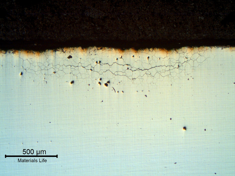 Micrographic aspect of a longitudinal section of the plate, close to the surface, in a region where it was detected intergranular corrosion up to 0,5 mm depth.  As polished.