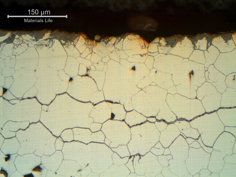 Micrographic detail of intergranular corrosion, up to 0,5 mm depth.  As polished.