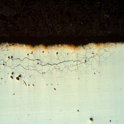 Micrographic aspect of a longitudinal section of the plate, close to the surface, in a region where it was detected intergranular corrosion up to 0,5 mm depth.  As polished.