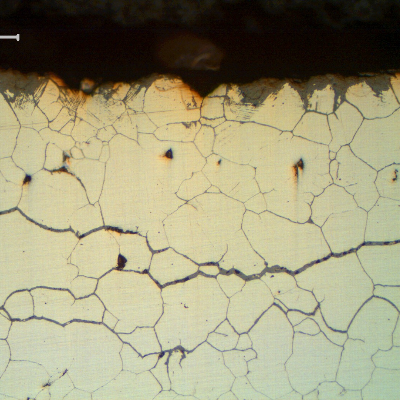 Micrographic detail of intergranular corrosion, up to 0,5 mm depth.  As polished.