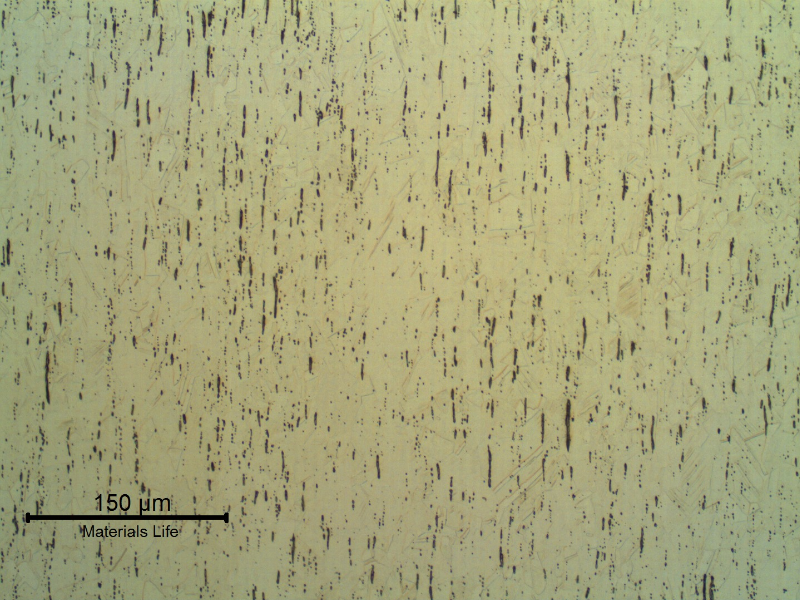 The pin microstructure in the longitudinal section shows austenitic structure, free from carbides, and sulfide inclusions that characterize the free cutting condition of this stainless steel.