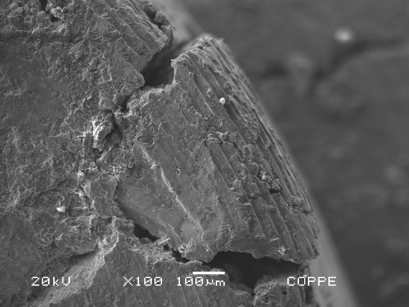 Detail of the pin surface showing that the material easily cracks because it presents regions of localized corrosion.