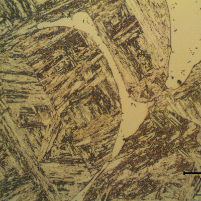 Blade microstructure. Tempered martensite, (probably) retained austenite and delta ferrite islands.