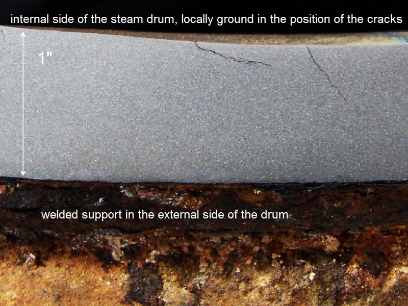 Macrography of a transverse section of the steam drum sample that was removed after the inspection had detected multiple cracks propagating into the thickness, more than 50% deep in the thickness.