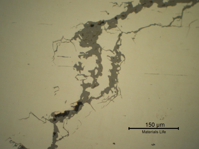 Micrography of a crack, as polished, presenting the cracks filled with corrosion products.