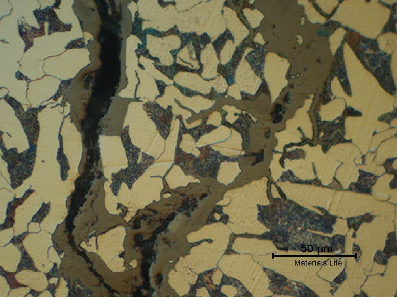 Detail of the cracking showing that the propagation is predominantly intergranular but there are regions of transgranular propagation.
