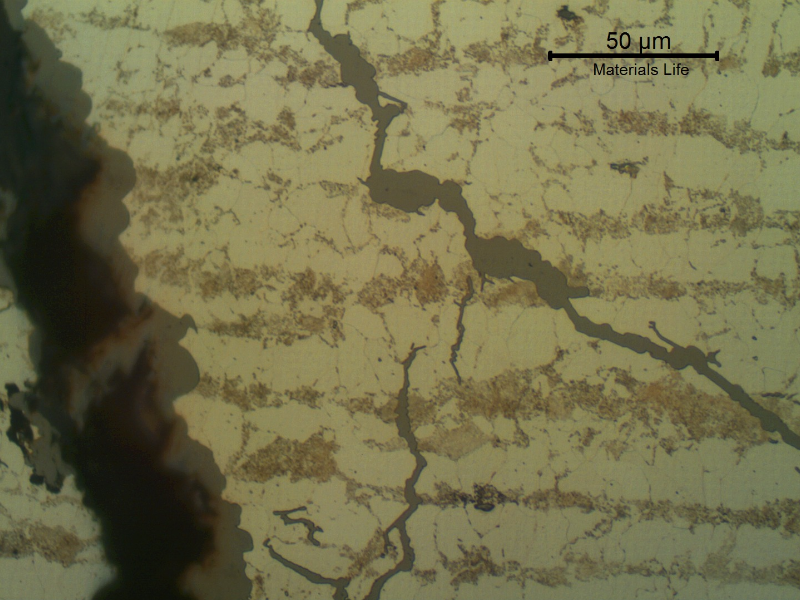 Micrographic detail of the transgranular stress corrosion cracking.