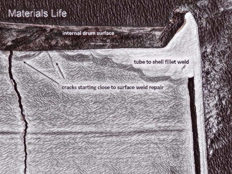 Schematic drawing presenting the longitudinal section of the shell plate (sample removed from the boiler), at the position of the fillet weld (sealing weld) with a tube, where surface welding repairs created conditions for cracking the base material in a transgranular morphology. Several cracks were identify starting from the steam drum internal surface.