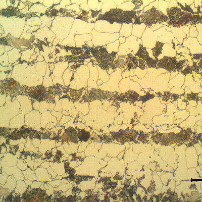 Micrographic detail of the shell plate in the longitudinal section. Ferritic-perlitic microstructure.