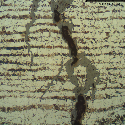 Micrographic detail of the cracking showing the branched nature, typical of a stress corrosion cracking. The cracks presented a transgranular morphology