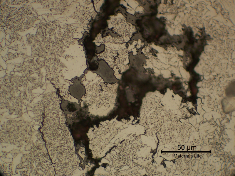 Detail of the secondary cracks in the weld metal with intergranular morphology. Stress Corrosion Cracking.