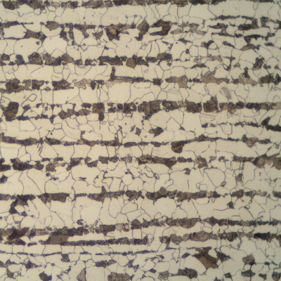 Ferritic perlitic microstructure, banded, in the center of the 5/16" thick C-Mn plate.  Refined Structure.