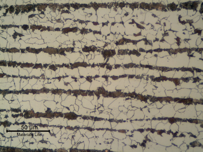 Ferritic perlitic microstructure, banded, in the center of the 1/2" thick C-Mn plate.  Refined Structure.