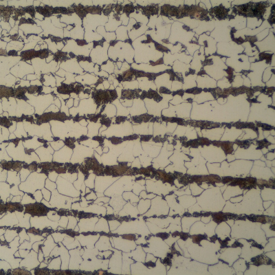 Ferritic perlitic microstructure, banded, in the center of the 1/2" thick C-Mn plate.  Refined Structure.