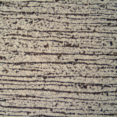 Ferritic perlitic microstructure, banded, in the center of the 1/2" thick C-Mn plate.  Refined Structure.