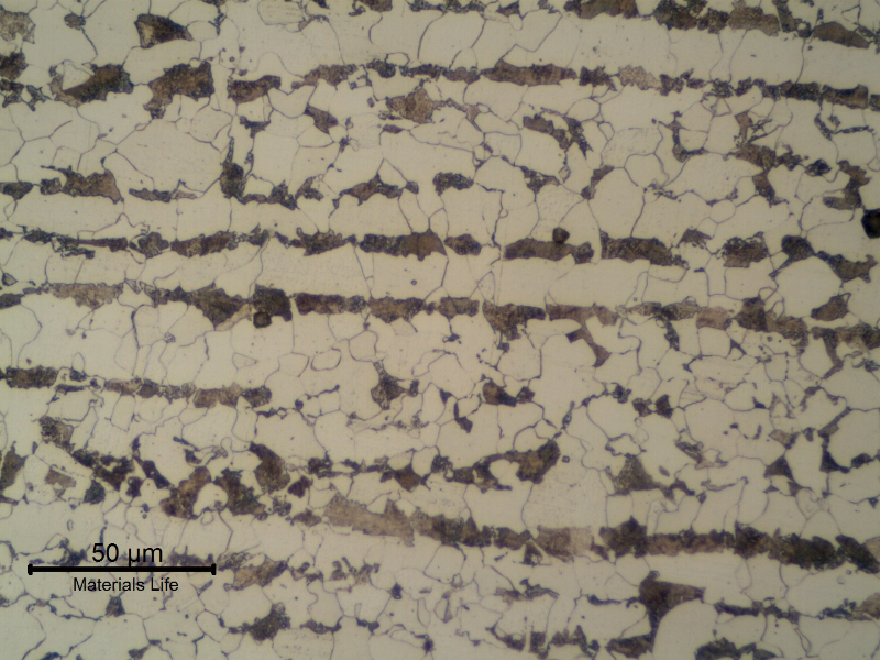 Ferritic perlitic microstructure, banded, in the center of the 5/8" thick C-Mn plate. Refined Structure.