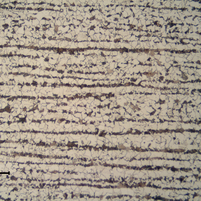 Ferritic perlitic microstructure, banded, in the center of the 5/8" thick C-Mn plate.  Refined Structure.