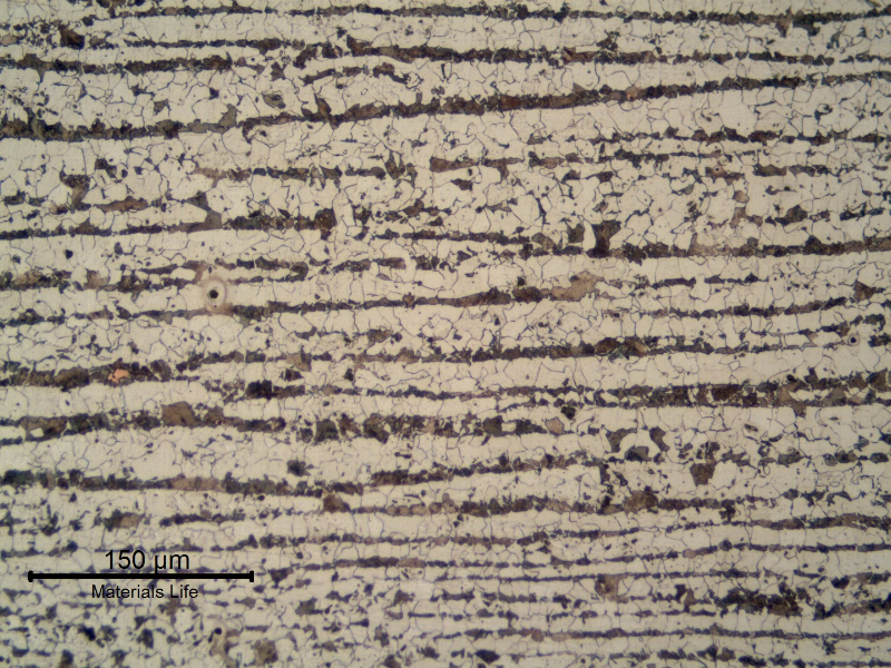 Ferritic perlitic microstructure, banded, in the center of the 3/4" thick C-Mn plate.  Refined Structure.